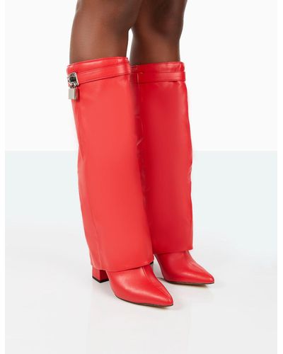 Public Desire Echo Red Grain Pu Pointed Toe Knee High Block Boots - Metallic