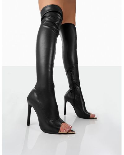 Public Desire Stand Down Black Pu Open Toe Zip Up Over The Knee Heeled Boots