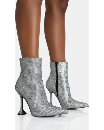 Public Desire Arabella Silver Glitter Pointed Toe Cake Stand Heeled Ankle Boots - White