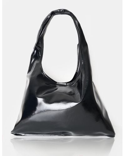 Public Desire The Shadow Black Patent Slouchy Hobo Tote Bag