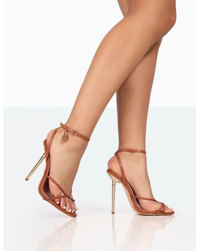 Public Desire Tommy Wide Fit Tan Grain Barely There Strappy Round Toe High Heels - White