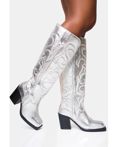 Public Desire Austine Wide Fit Silver Western Block Heel Knee High Boots - White