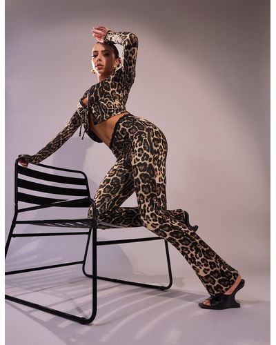Public Desire Lace Trim Straight Leg Trousers Leopard - Brown