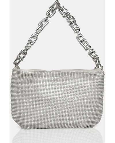 Public Desire Giselle Silver Sparkly Diamante Rhinestone Chainmail Handbag - Grey