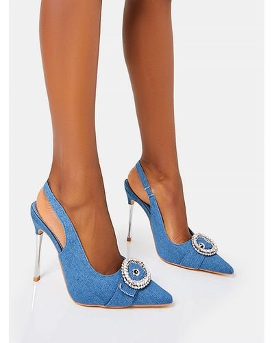 Public Desire Confession Blue Denim Diamante Broach Detail Slingback Court Shoes