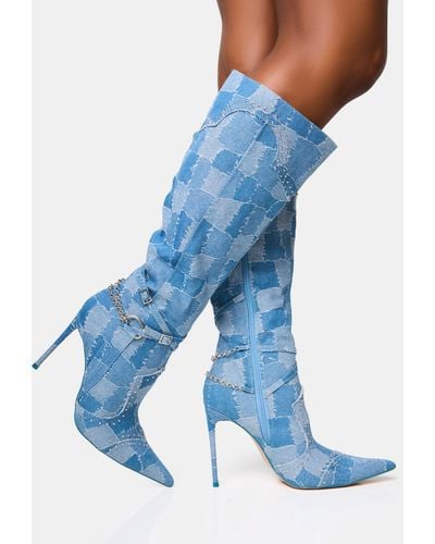 Public Desire Main Character Embellished Denim Patchwork Pointed Toe Stiletto Boots - Blue