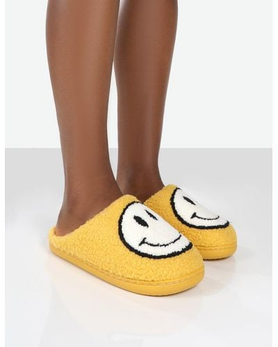 Public Desire Smile Yellow Printed Smiley Face Slippers