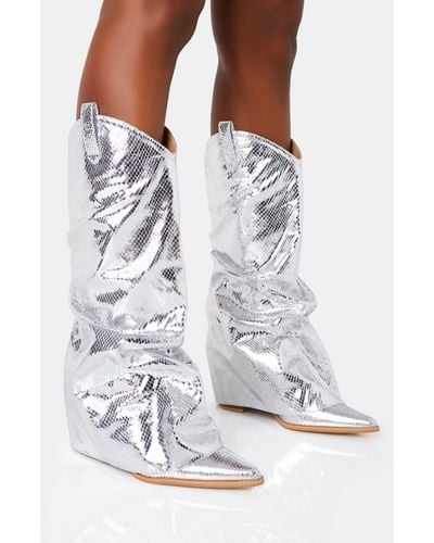 Public Desire Sheriff Silver Metallic Snake Pu Western Inspired Fold Over Pointed Toe Block Cowboy Knee High Boots - White