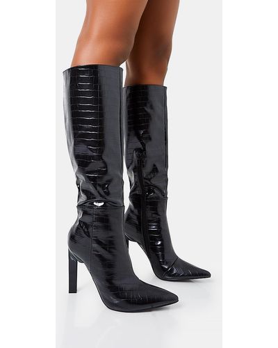 Public Desire Unite Black Croc Pointed Toe Knee High Block Heeled Boots