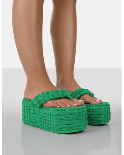 Public Desire Nell Green Terry Towelling Platform Wedge Flip Flop Sandals