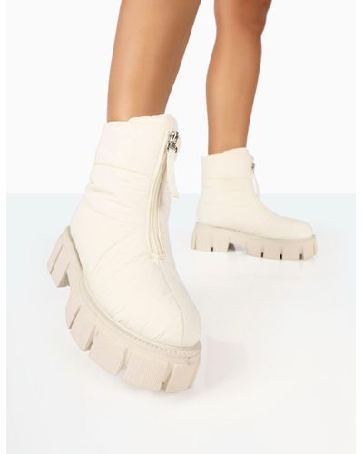 Public Desire Puffy Ecru Nylon Zip Up Chunky Sole Snow Ankle Boots - Natural