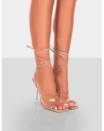 Public Desire Bly Nude Patent Clear Perspex Cake Stand Lace Up Square Toe Heels - Natural