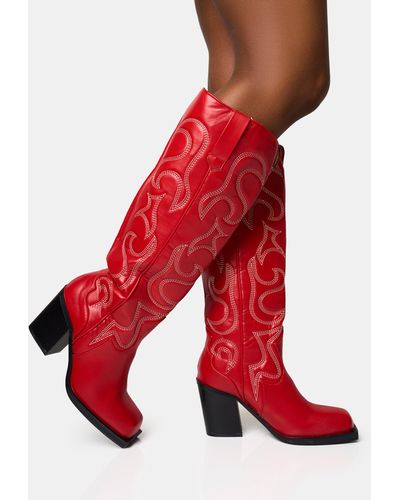 Public Desire Austine Red Western Block Heel Knee High Boots