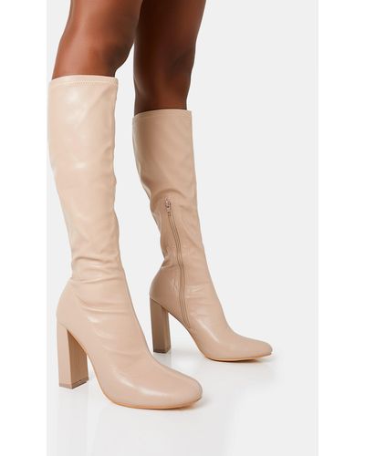 Public Desire Christina Wide Fit Nude Pu Pointed Toe Block Heel Knee High Boots - Natural