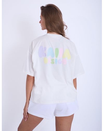 Public Desire Kaiia Bubble Logo Oversized Tee Off White & Rainbow