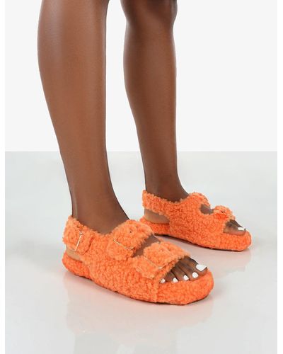 Public Desire Bliss Orange Borg Fluffy Faux Fur Buckled Flat Grandad Sandals