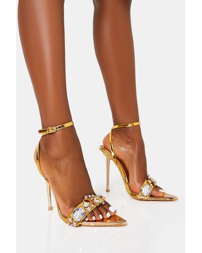 Public Desire Icicle Gold Metallic Patent Extreme Jewelled Ankle Strap Pointed Toe Stiletto Heels - Brown