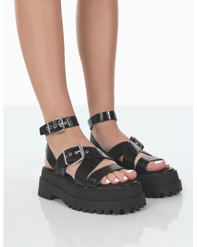 Public Desire Follow Wide Fit Black Pu Croc Chunky Buckle Sandals