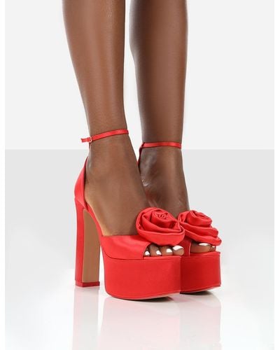 Public Desire Giselle Red Satin High Heel Peep Toe Platform Block Heels