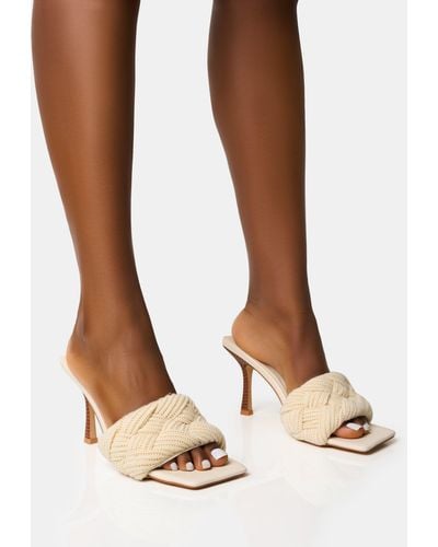 Public Desire Nectar Cream Wooden Stack Knitted Square Toe Heels - Brown