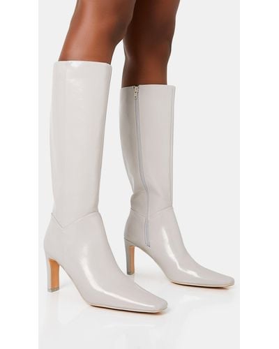 Public Desire Pose Grey Textured Patent Pu Zip Up Knee High Slim Block Heeled Boots - White