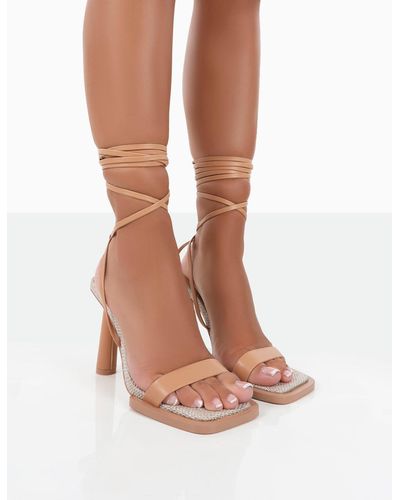 Duet Nude Knot Strappy Lace Up Square Toe Mid Heels