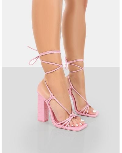 Public Desire Berry Pink Croc Square Toe Strappy Lace Up Block Heels