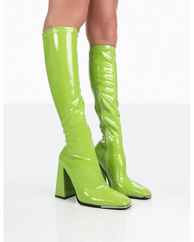 Public Desire Caryn Lime Patent Knee High Block Heeled Boots - Green
