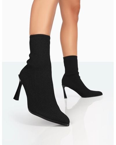 Public Desire Farah Black Knitted Pointed Toe Stiletto Heel Ankle Sock Boots