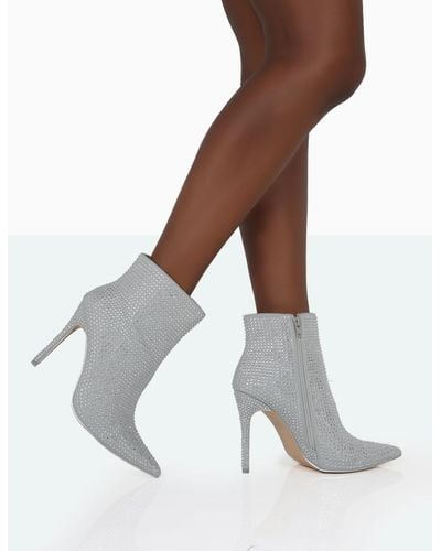 Public Desire Verona Wide Fit Silver Sparkly Diamante Stiletto Ankle Boots - White