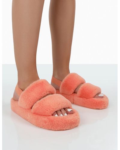 Public Desire Bed Time Orange Faux Fur Fluffy Strappy Slingback Slippers