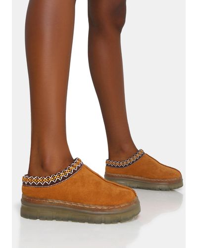Public Desire Nala Tan Faux Suede Embroidered Slipper Platform Boots - Brown