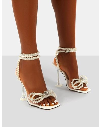 Public Desire Glimmer White Wrap Around Pearl Detail Bow Square Toe Cake Stand Heels - Brown