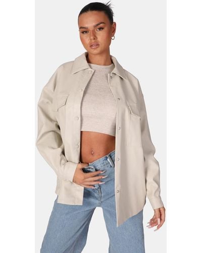 Public Desire Vegan Leather Pocket Oversized Shacket Stone - Multicolour