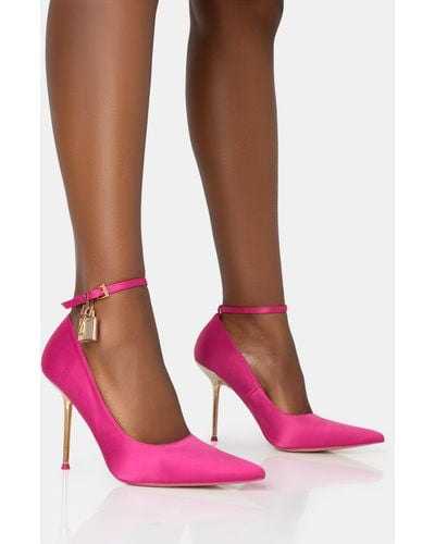 Public Desire Lotty Hot Pink Satin Padlock Ankle Detail Pointed Court Stiletto Heels