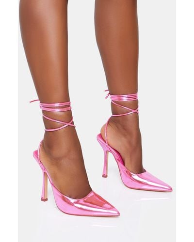 Public Desire Verity Pink Metallic Pu Slingback Lace Up Pointed Court Stiletto Heels