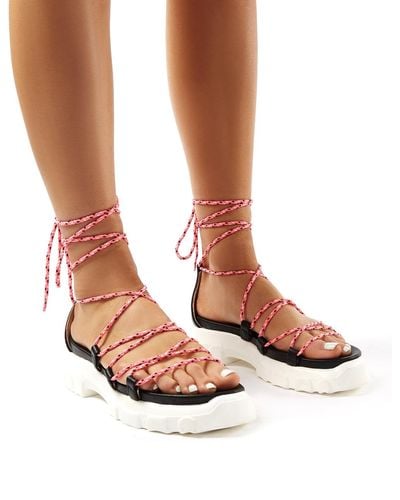 Public Desire Dynamic Black Neon Pink Lace Up Chunky Sandals