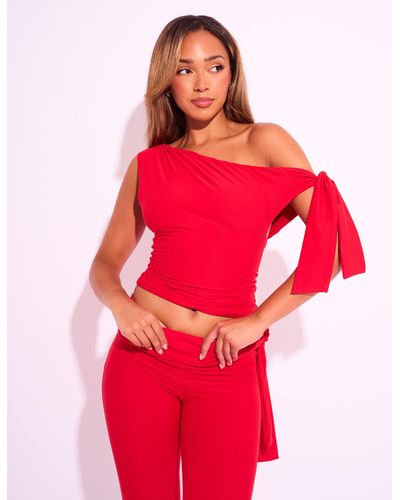 Public Desire Knot Detail Asymmetric One Shoulder Luxe Slinky Top Red