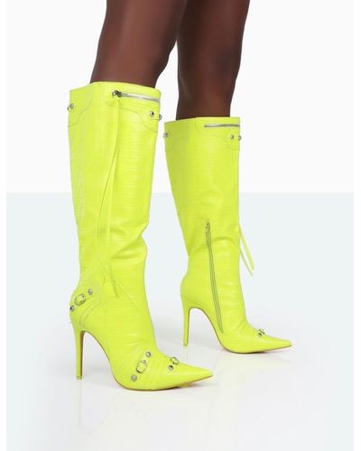 Public Desire Davina Neon Yellow Croc Pointed Toe Zip Detail Knee High Boots