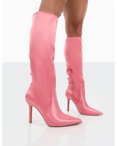 Public Desire Best Believe Pink Satin Pointed Toe Stiletto Heeled Knee High Boots