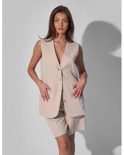 Public Desire Kaiia Tailored Longline Sleeveless Blazer Co-ord Cream - Multicolour