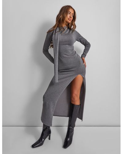 Public Desire Kaiia Knitted Scarf Maxi Thigh Split Jumper Dress - Grey