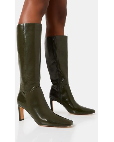 Public Desire Pose Olive Textured Patent Pu Zip Up Knee High Slim Block Heeled Boots - Green