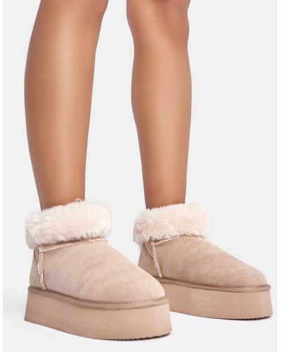 Public Desire Snowdrop Light Beige Fur Faux Suede Ultra Mini Ankle Platform Boots - Pink