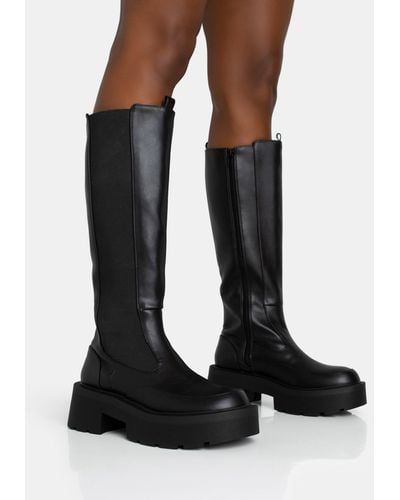 Public Desire Evergreen Black Knee High Elasticated Detail Chunky Heeled Sole Boots