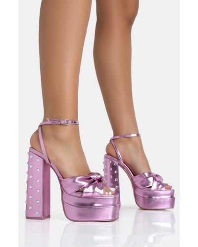 Public Desire Magnum Pink Metallic Pu Knot Strap Platform Diamante Block Heels - Purple
