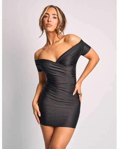 Public Desire Ruched Off Shoulder Short Sleeve Mini Dress Black