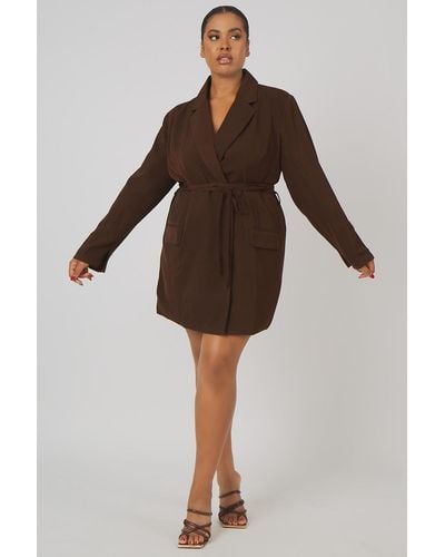Public Desire Curve Wrap Belt Blazer Dress Chocolate - Brown