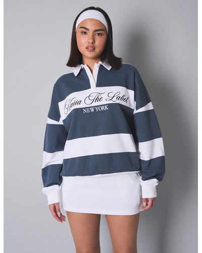 Public Desire Kaiia The Label Striped New York Oversized Rugby Sweatshirt White - Blue