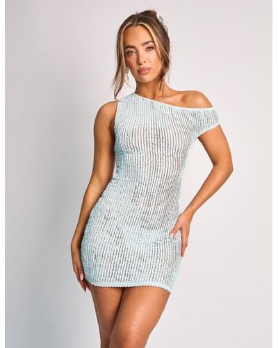 Public Desire Textured One Shoulder Mini Dress Blue - White